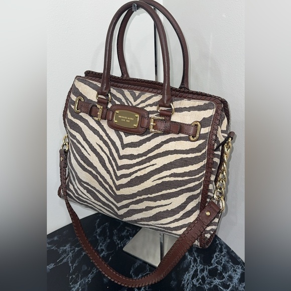 MICHAEL KORS Large Handbag Hamilton Zebra Print Brown Ivory AUTHENTIC - Picture 3 of 14